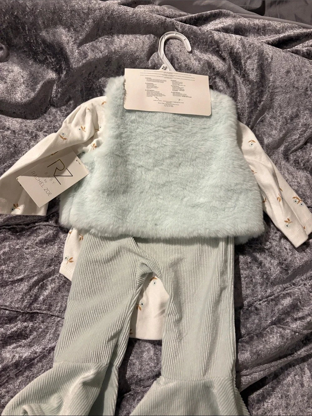 Rachel Zoe Baby Mint Green Faux Fur Vest & Ruffled Pant Set with Floral Onesie